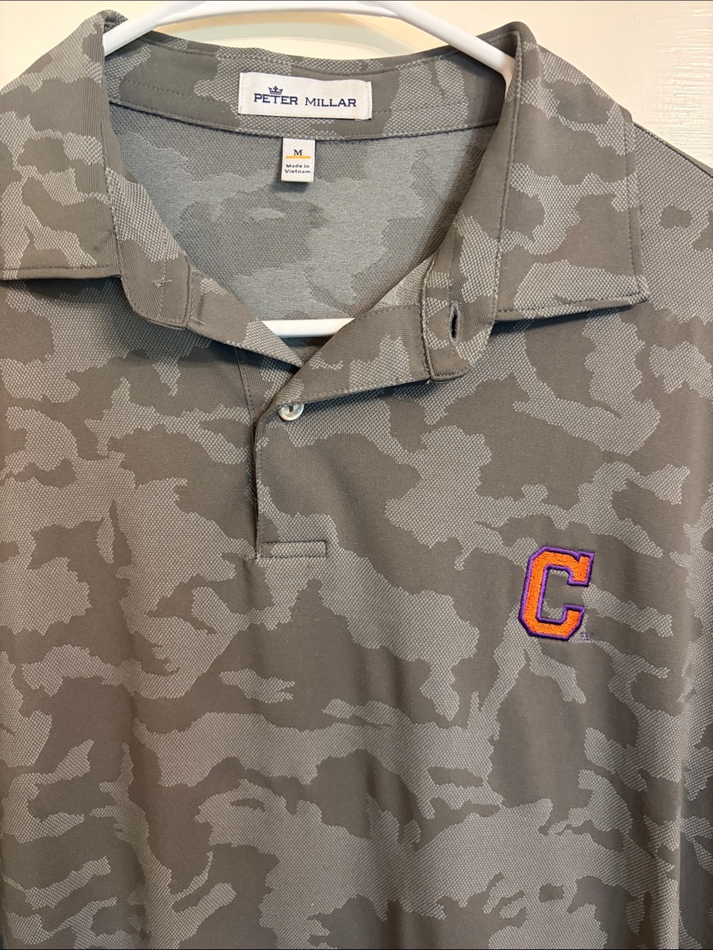 Clemson Peter Millar Men's Gray Camo Polo with Embroidered 'C'